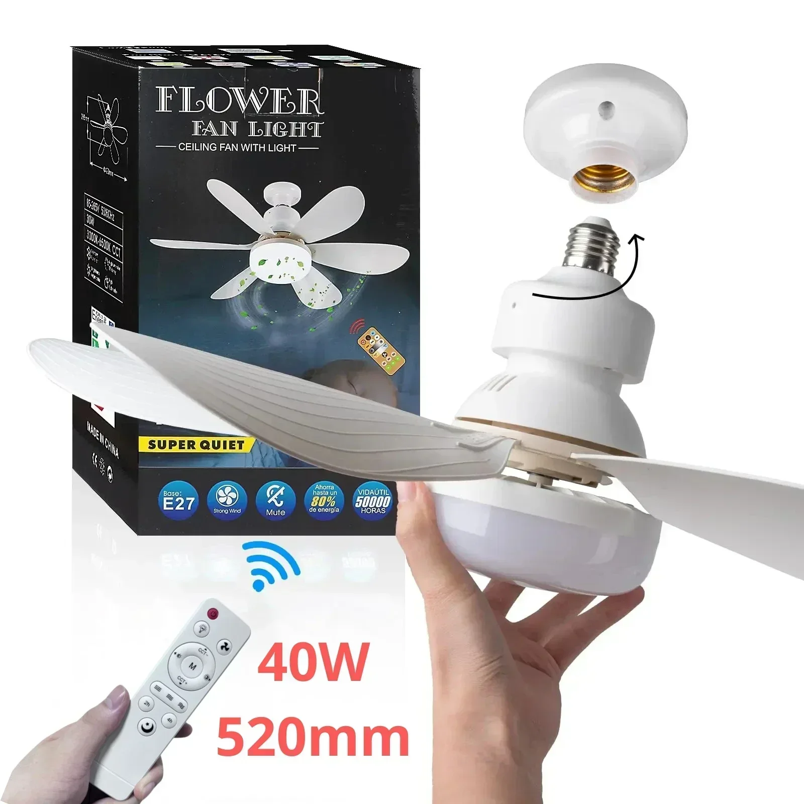 Ventilateur de Plafond à Prise LED avec Lumière, Vis de 20,5 Pouces, avec Télécommande, pour Chambre, Garage, Cuisine