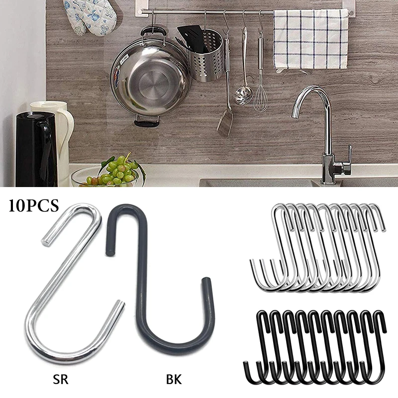 

10X Hooks Kitchen Bathroom Stainless steel S Type Hooks For Hanging Pans Pots Bag Towels Storage Holder