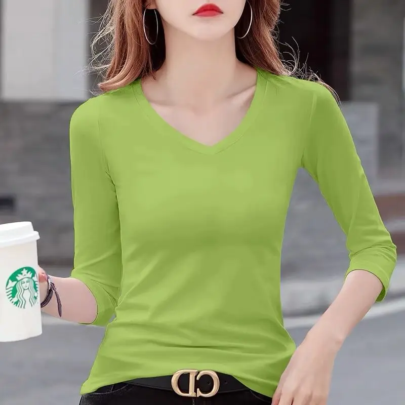 2025 New Fashion Women's V-Neck Mid-Sleeve T-Shirt Clothing Casual Autumn Winter Top Stretch Yellow Sleep Base Undershirt
