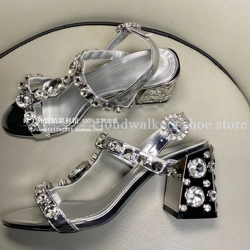 

Bling Diamond Decor T-Strap Peep Toe Luxury Sandals Sexy Slingback Back Strap Rhinestone Square Heel Sandals Gorgeous Gown Shoes