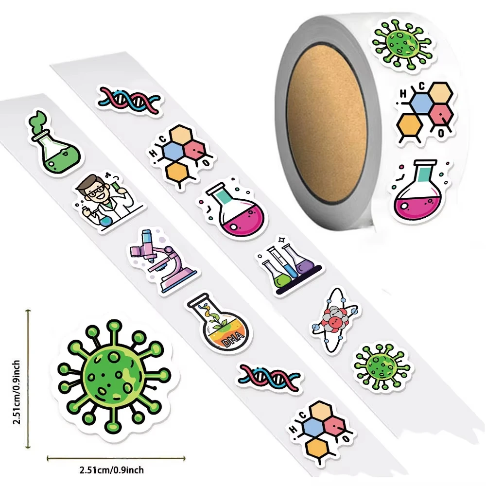 

500PCS/ROLL Cute Cartoon Chemistry Experiment Decorative Stationery Notebook Children Reward Circular Stickers