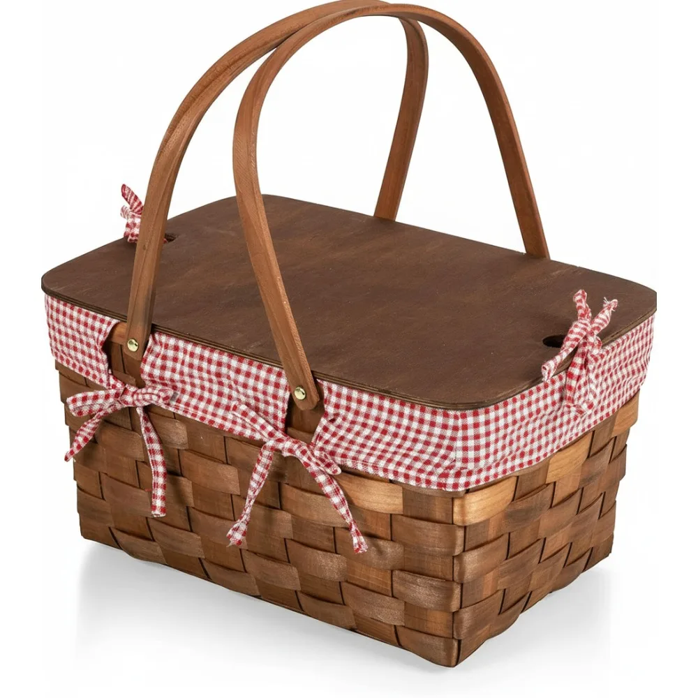 

Handwoven Wood Picnic Basket with Removable Liner - Spacious Portable Outdoor Dining for Family Gatherings