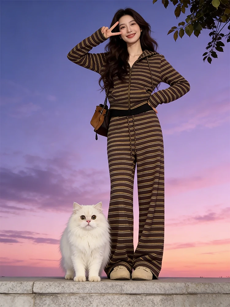

Повседневная толстовка в полоску с капюшоном Jaet And Pants Женский модный комплект Осень-зима Новый Sle Ленивая утягивающая спортивная одежда с высокой талией Длинные брюки...