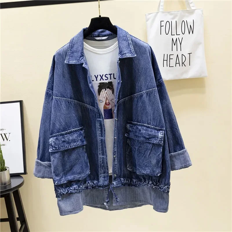 

Pop Women's Denim Jacket Coat Nice Spring Autumn Vintage Women Coats Female Jeans Jackets Loose Overcoat Outerwear Blue Big