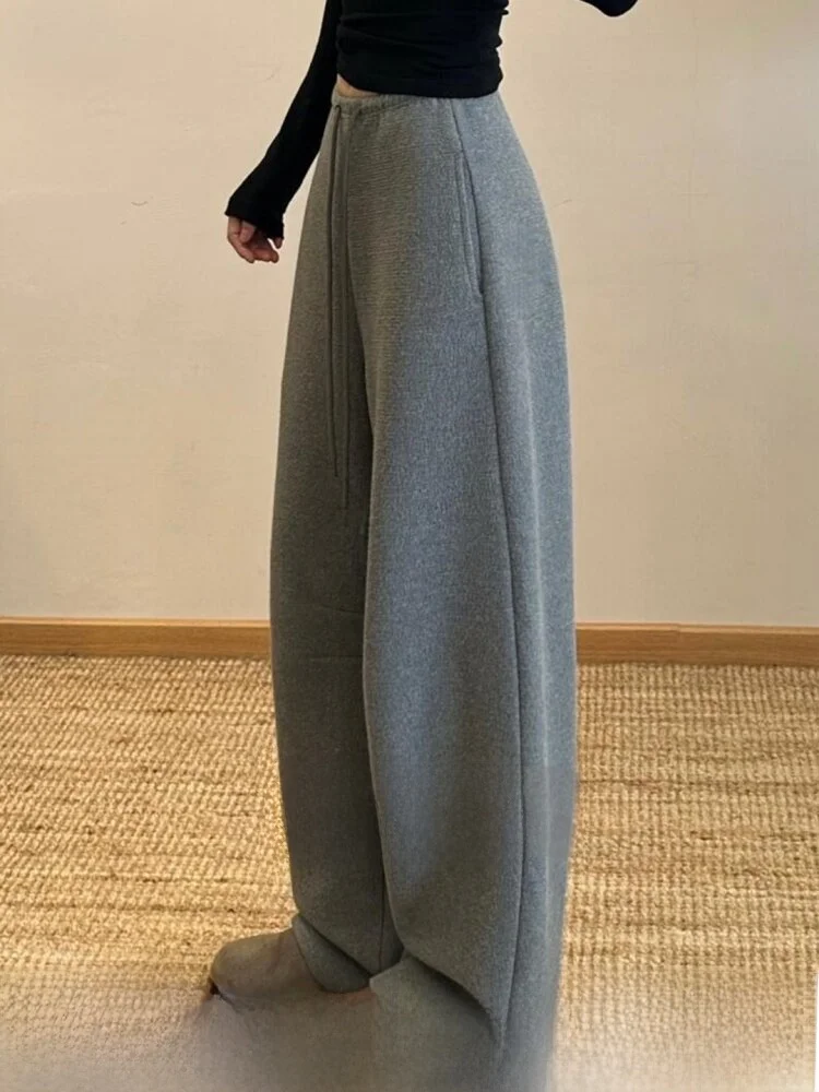 Korean Sle Women's Fce Lined Wide Leg Banana Pants High Waist Straight Tube Commute Trousers Warmth Comfortable Casual P...