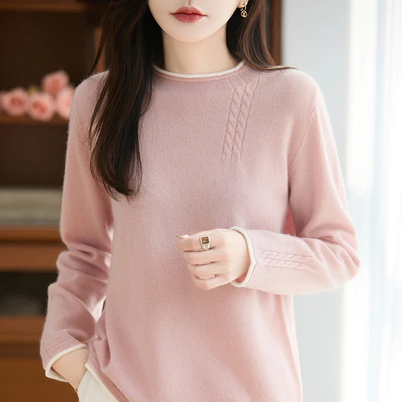 New Women's Knitted 100% Merino Wool O-neck Sweater Comfortable and Versatile Autumn and Winter Women's Full Sleeves pullover