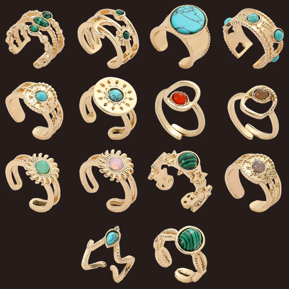 Freeshipping Vintage Setting Natural Stone Rings Gold Color Luxurious Emerald Rings Opening Boho Rings for Women Y2K Jewelry