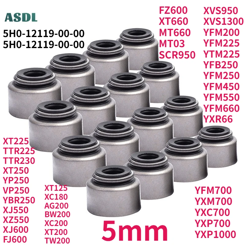 Retén de válvula de aceite de 5 mm con carcasa de hierro para motocicletas Yamaha XVS1300, XVS950, MT03, XT660, FZ600, XJ600, TTR230, YFM 200, 225, 250, 450, 550, 700, 660, YXP700