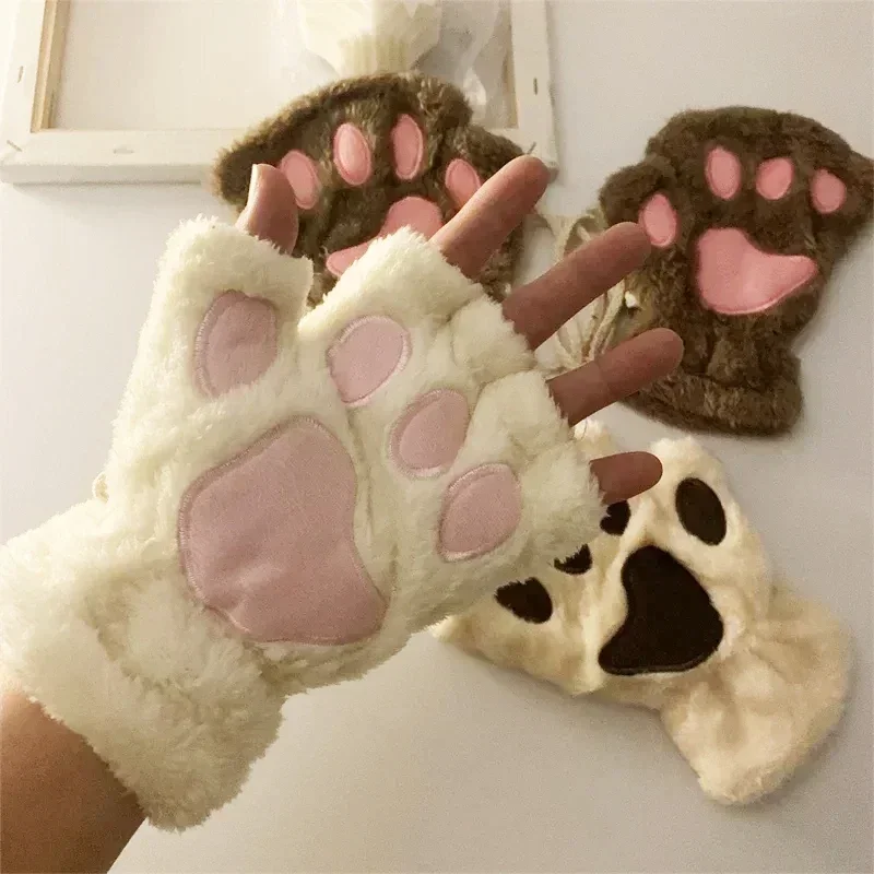 Winter Warm Cute Cat Claw Gloves, Warm and Cold proof, Thick Plush Half Finger Gloves for Women