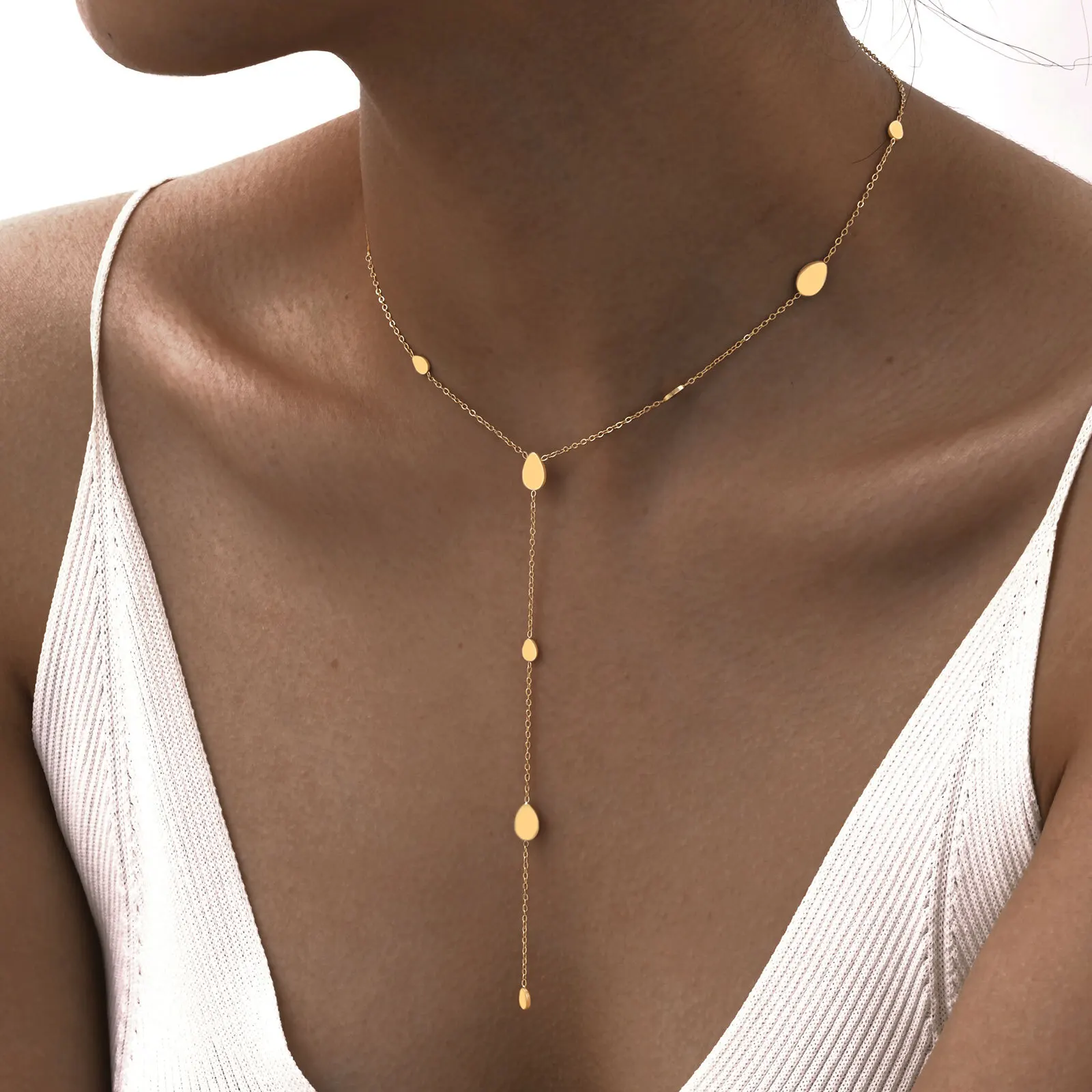 Heart Drop Lariat Chain Necklace For Women, Y Shape Long Chain Stainlss Steel 18K Gold Color  Layered Jewelry