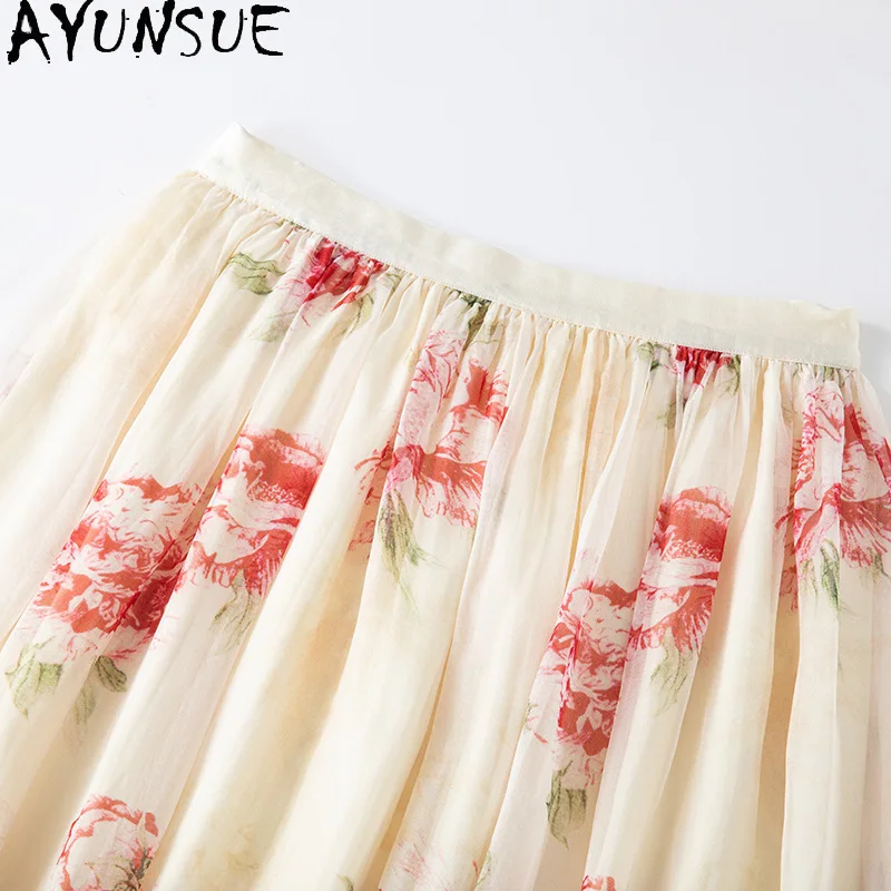 AYUNSUE Real Silk Women's Skirts Stylish Peony Flower Skirts for Women Casual Summer Pleated Skirt Woman Clothing Юбка Женская