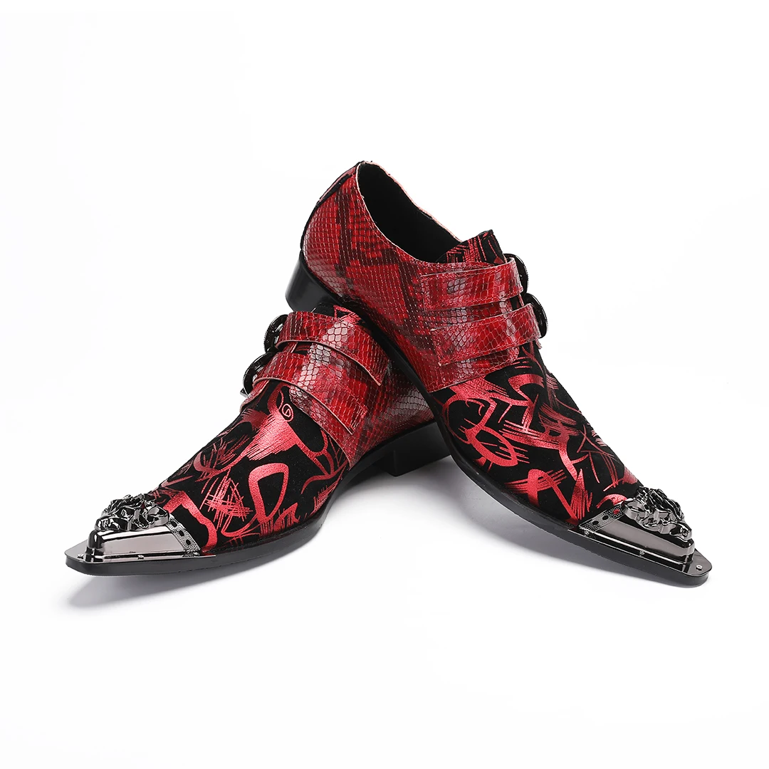 

Men Red Wedding Prints Genuine Leather Shoes Pointed Toe Double Buckle Metal Pointed Toe Banquet Male Party Oxfords Size 12 13