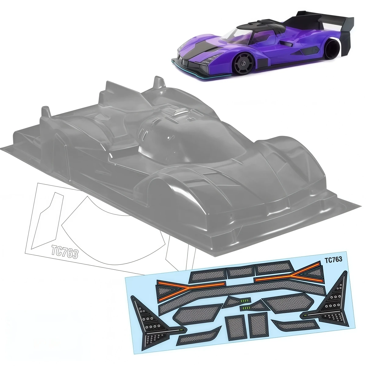 TC763 1/12 SC‑63 Le‑Mans Clear PC Body Shell 208mm Wheelbase 174mm Width RC On‑Road Car Body with Rear Wing Decals