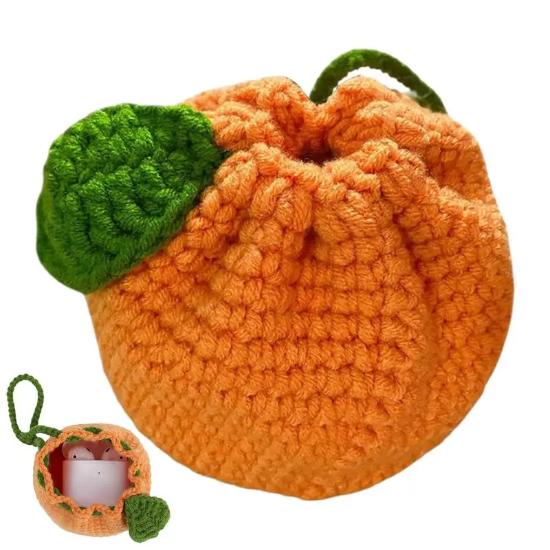 Orange Coin Purse Crochet Drawstring Bag Cute Drawstring Orange-Shaped Crochet Purse Crochet Tangerine Bag Coin Chargers