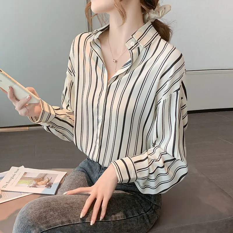 Summer Thin Sunscreen Striped Chiffon Shirt Women's New Korean Loose Turn Down Collar Blouse S-3XL
