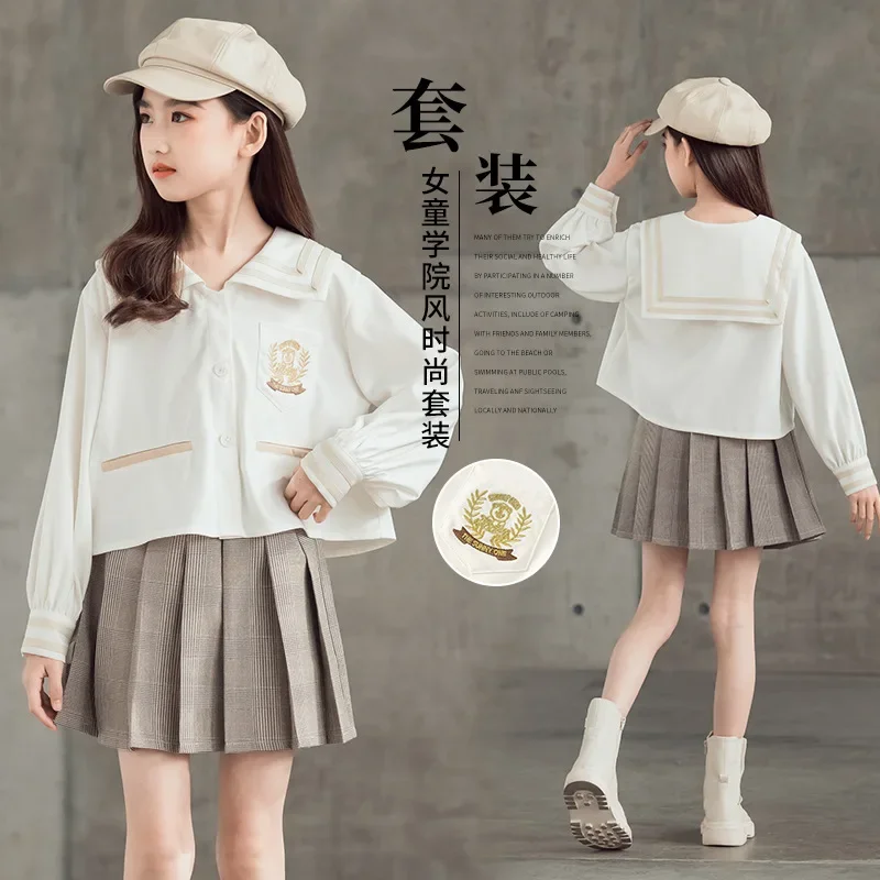 

2024 Korean Spring Children 2pcs Clothes Set Teenager Girl College Style Naval Leader Shirt Elementary Girl Pleated Skirt