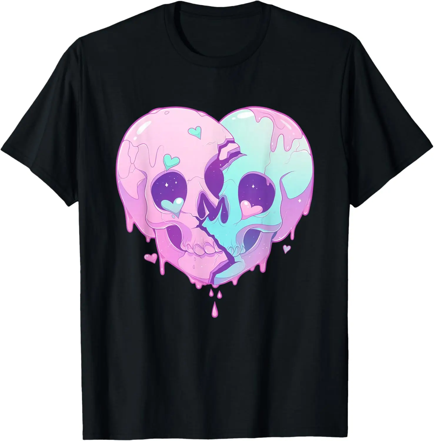 

Pastel Goth Melty Broken Heart Skulls Graphic Tee Soft Cotton Casual T-Shirt
