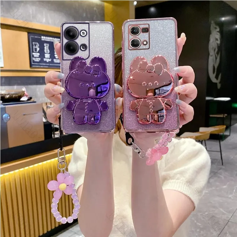 Reno7 Flower Strap Mirror Rabbit Holder Case On For Oppo Reno 2 2Z Z 3 4 5 5K 6 6Z 7 8 8T 9 10 Pro Plus SE 4G 5G Stand Cover