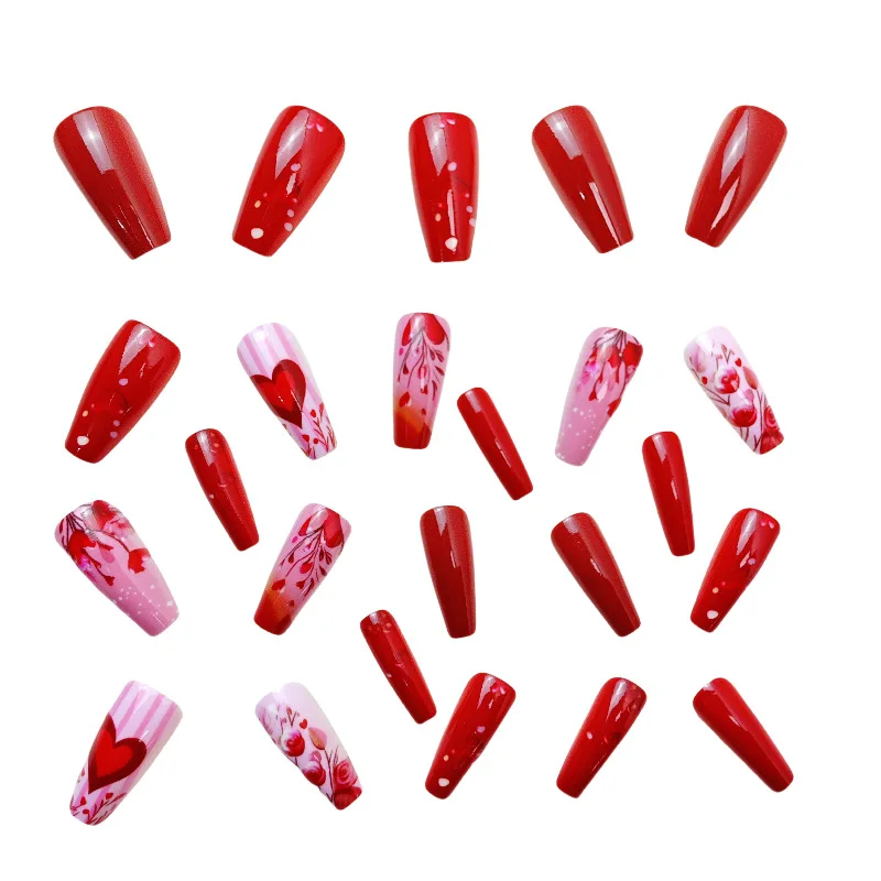 24 قطعة نعش مربع اضغط على الأظافر الحلو الأحمر القلب الباليه الأظافر وهمية التصميم الفرنسي الأوروبي الأمريكي عيد الحب الأظافر كاذبة #5