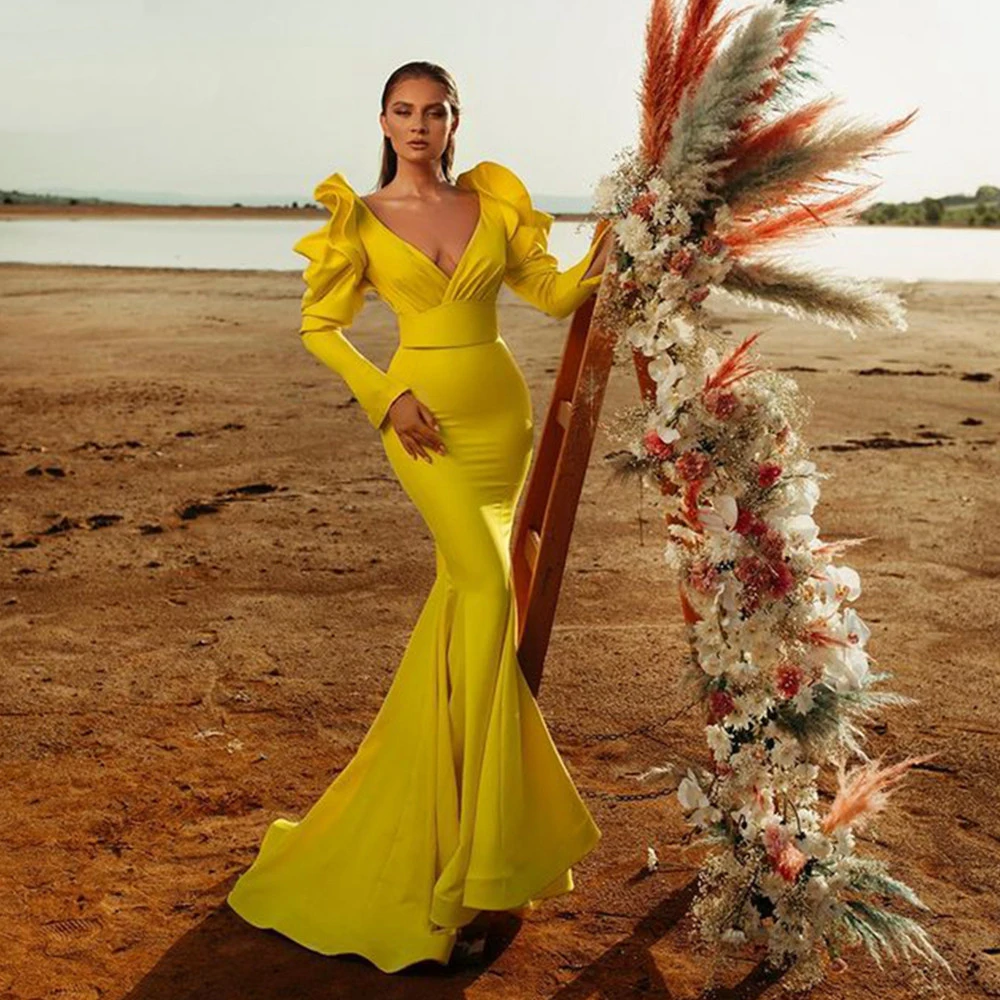 

Simple Yellow Satin Evening Dresses V neck Long Sleeves Mermaid Prom Gowns 2022 Formal Celebrity Dress Robes De Soiree