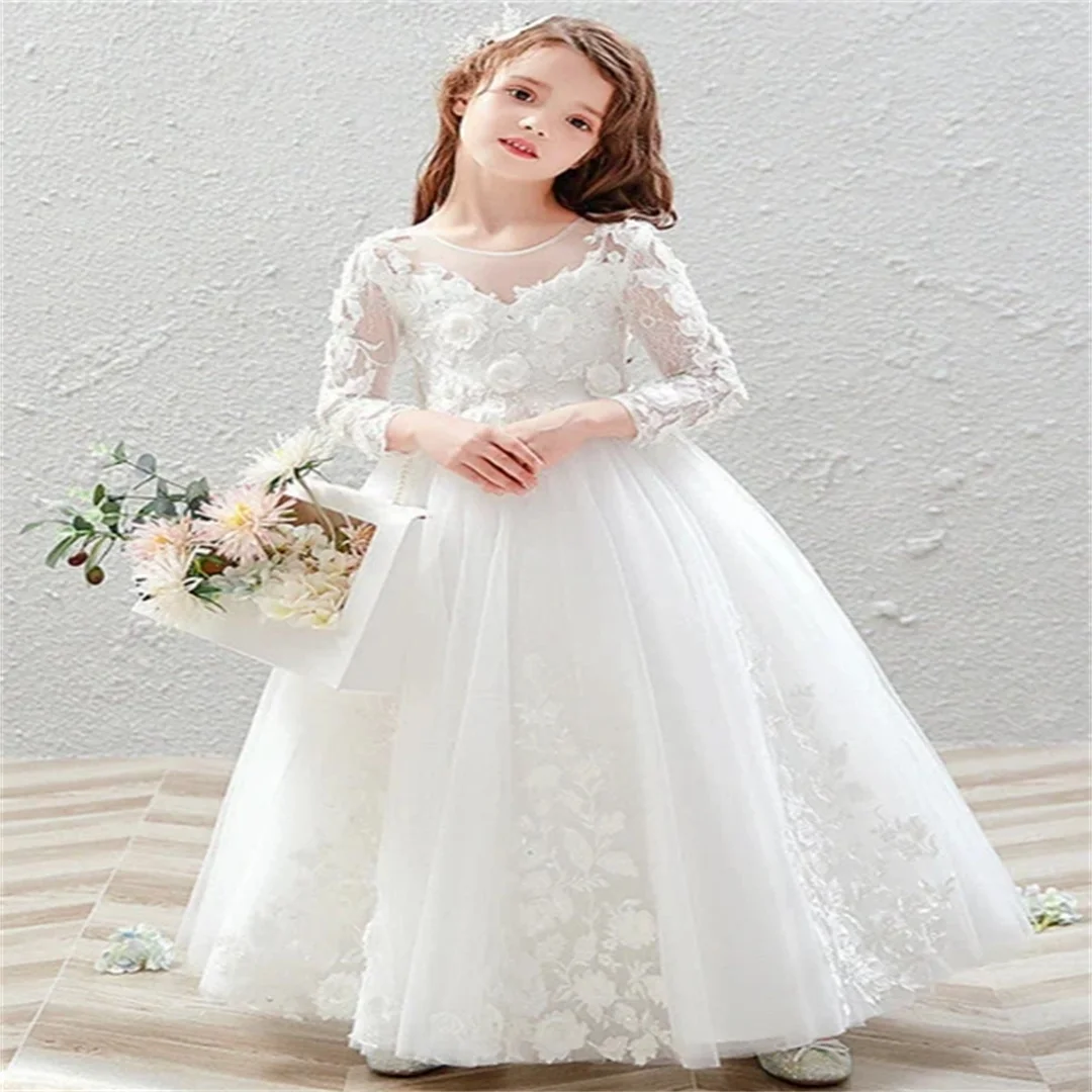 2025 White Flower Girl Dress Tulle Flowers Appliques Long Sleeve For Wedding Birthday Party First Communion Gowns