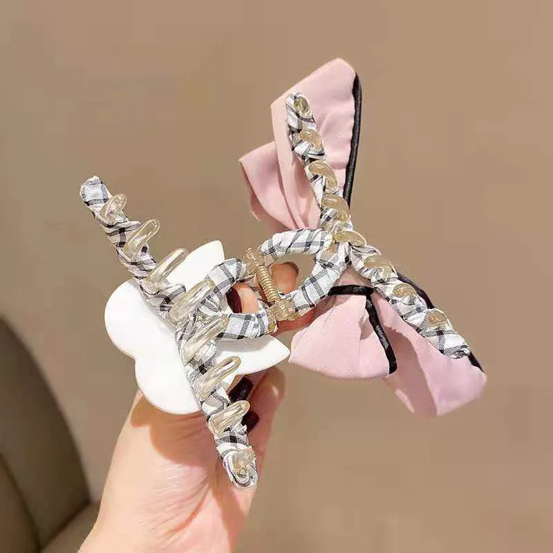 New Cartoon Cat Hair Claw for Women Vintage Check Bow Claw Clips Cute Temperament Hairpin Trendy Casual Aesthetic Hair Accessory