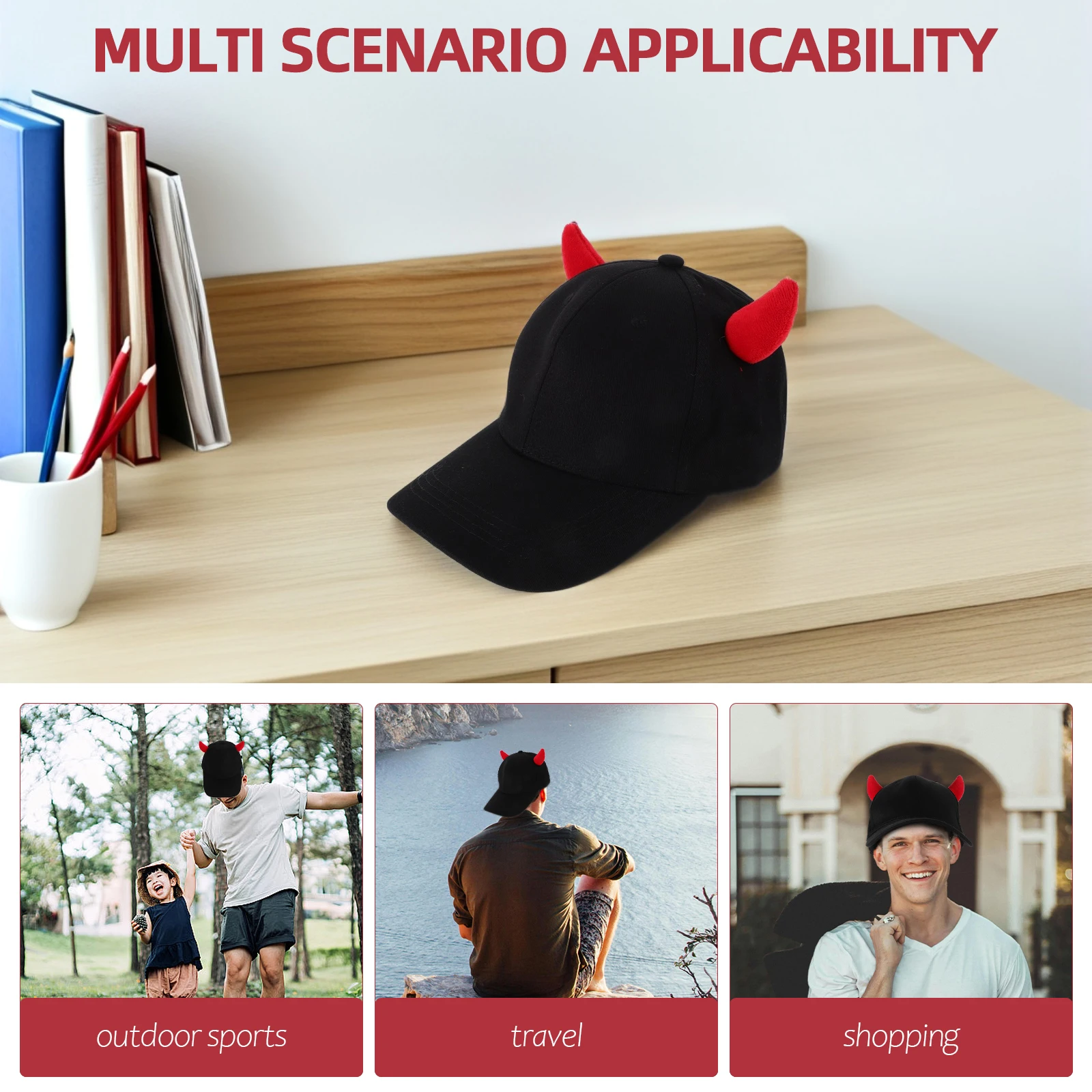 Czapka z daszkiem z rogami diabła, bawełna/poliester, ochronna czapka na zewnątrz dla mężczyzn i kobiet, stylowa, unikalna ozdoba głowy na Halloween.