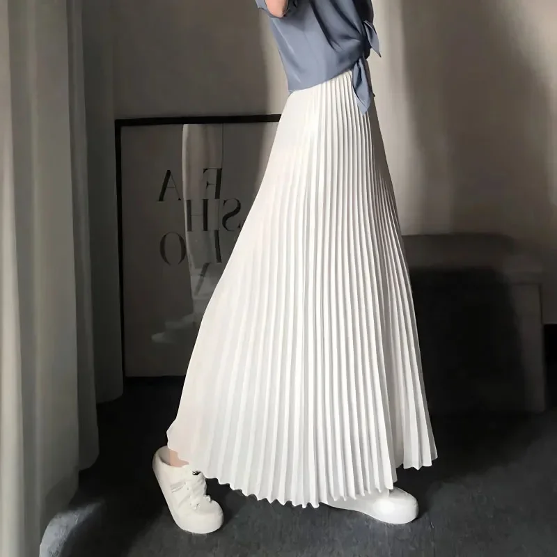 Vintage Pleated Elastic High Waist Long Skirts For Korean Fashion Chiffon Solid Color A-line Skirt Casual All-match Skirts SQ61