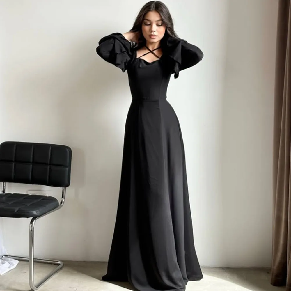 Customized Black A-line Jersey Evening Dresses Square Collar Full Sleeves Party Prom Gown Draped Lace-up Floor Length Prom Dress