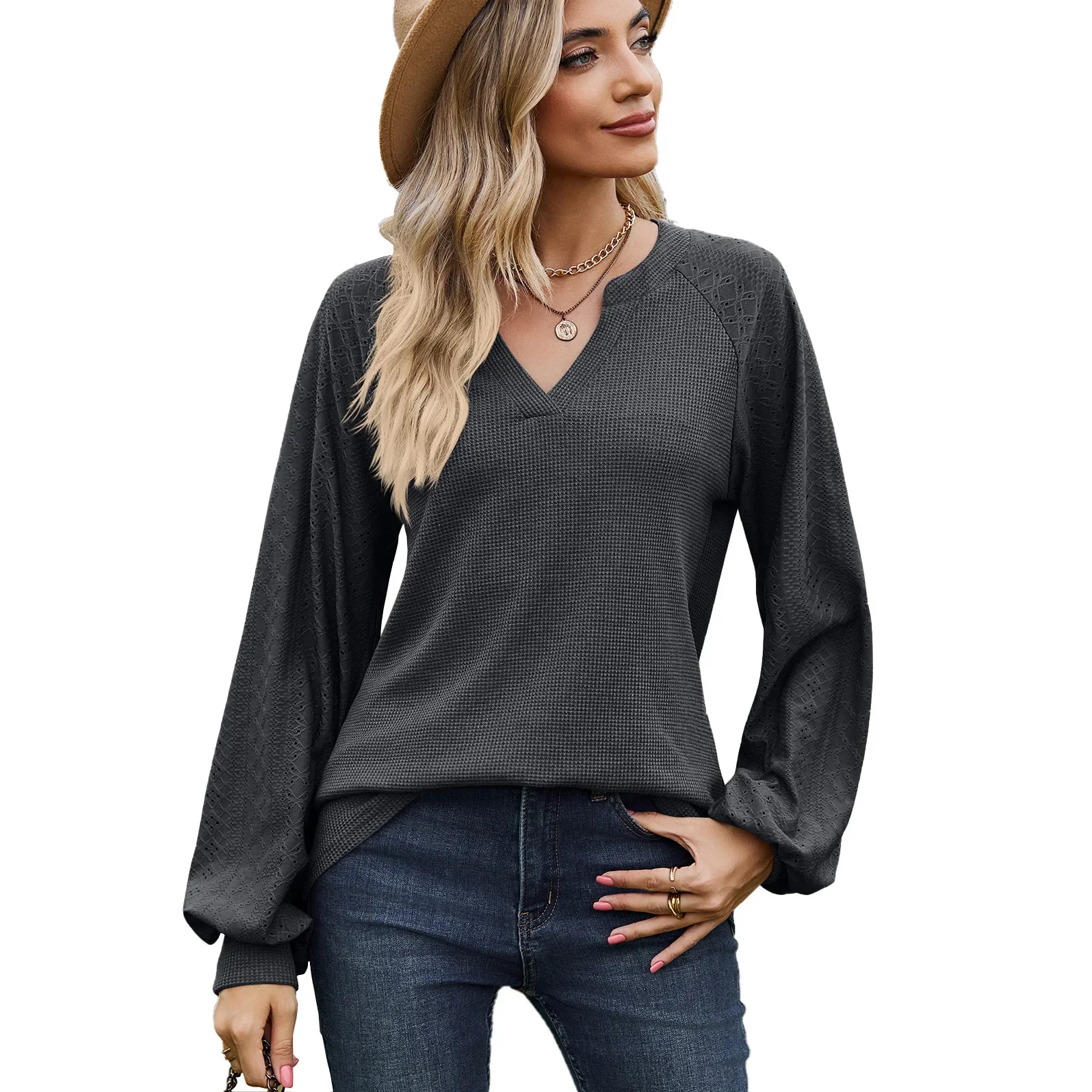 2023 Women's Autumn and Winter New Solid Color Drop Shoulder Sleeve Panel V-Neck Casual Loose Comfortable Long Sleeve T-shirt