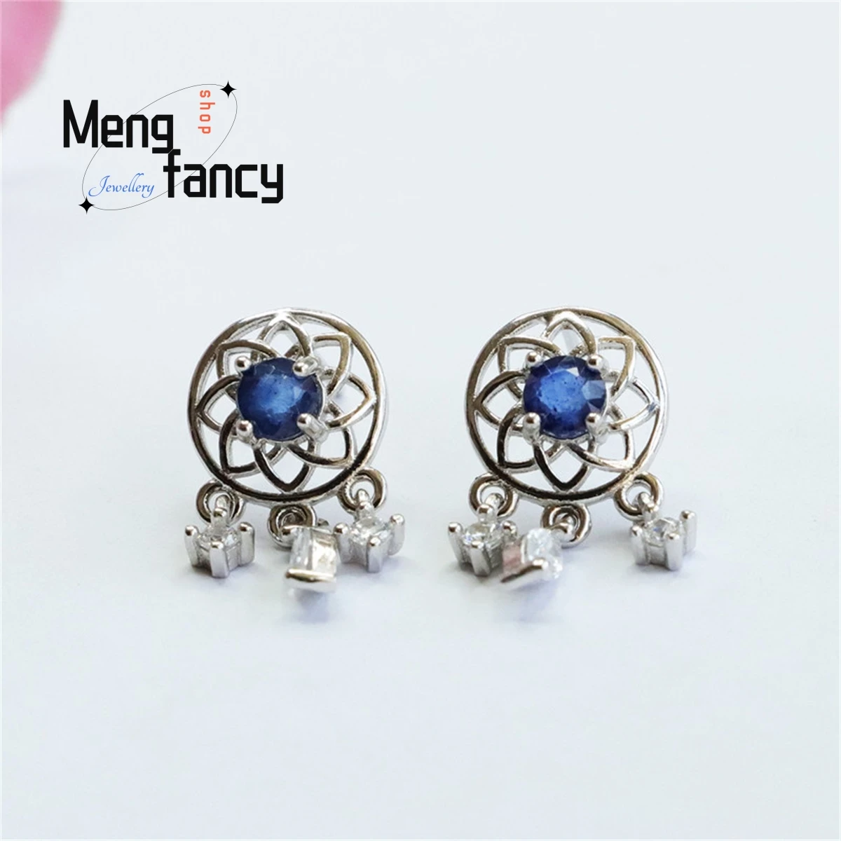 Natural S925 Silver Inlaid Sapphire  Hook Dream Catcher Ear Studs Simple Personality Fashion Exquisite Women Luxury Fine Jewelry