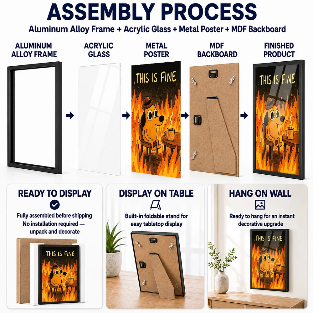 This Is Fine Dog Meme Metal Poster With Aluminum Alloy Frame Personalized Whimsical Pet Tribute Wall Art Ideal For Living Room