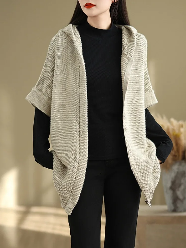 

Korean Sle Pure Color Hooded Knitted Cardigan Women's Mid-Length Slimming Large Size Commute Batwing Sve Sweater Jaet