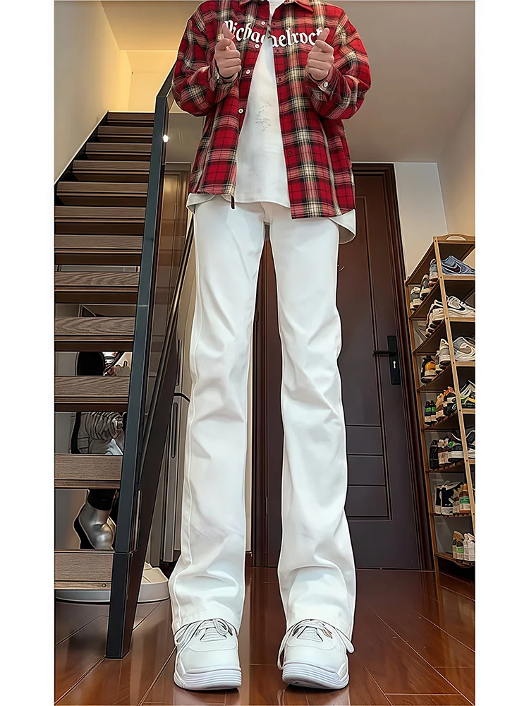 Calça Jeans Branca Cleanfit Masculina de Perna Reta, Comprimento Estendido, Estilo Americano High Street, Boca de Sino, Moda Jovem, Resistente ao Desgaste