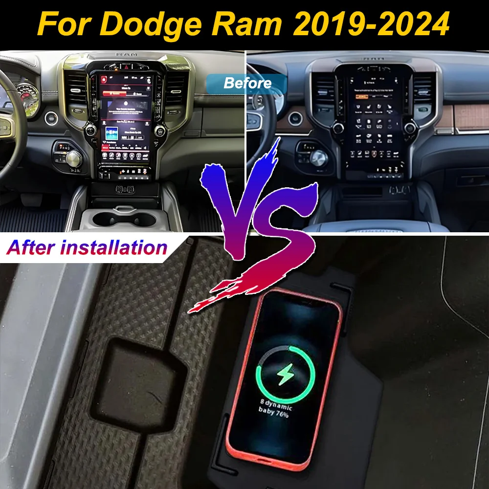 for Dodge RAM 1500 2500 2019-2024 Car Wireless Mobile Phone Charger Center Console Storage 18W iphone fast charge plate holder