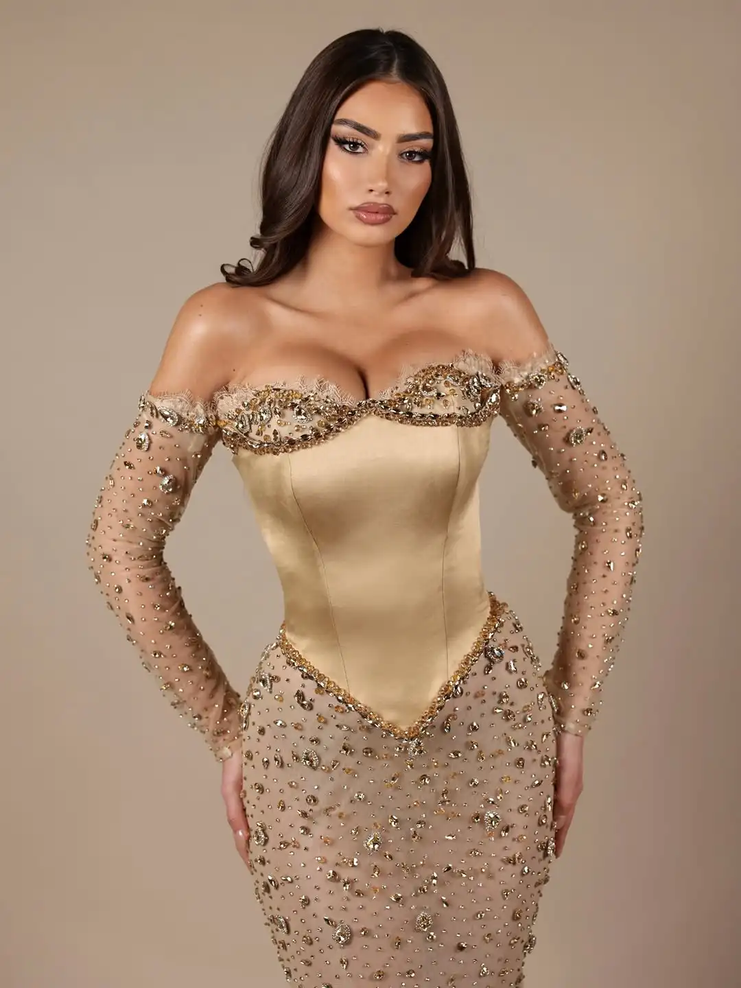Luxury Gold Fashion Mermaid Off Shoulder Beaded Lace Crystal Satin Mesh Floor Length Slim Fitting Evening Prom Party Dress