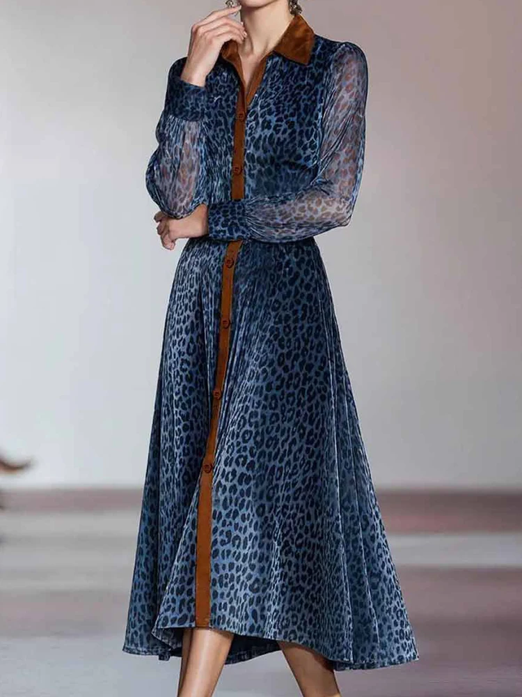 Women Autumn Long Sleeve Casual Maxi Dress Turn Down Collar Elegant Fashion Party Dress Office Lady Retro Printing Dress Vestido