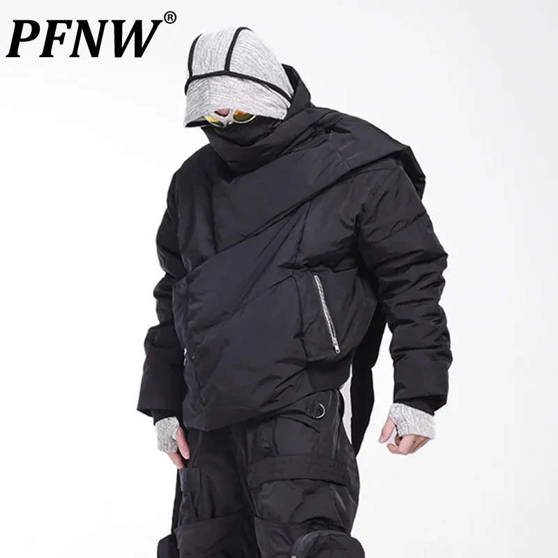 PFNW Men Deconstructed Silhouette Three-dimensional Tailoring Thickened Scarf Down Jacket Unisex Niche Design Black Winter Coat