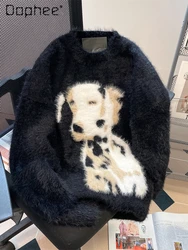 Mohair Cartoon Puppy Round Collar Black Furry Sweater Women Autumn and Winter Long Sleeve Pullover Knitted Top Female Student