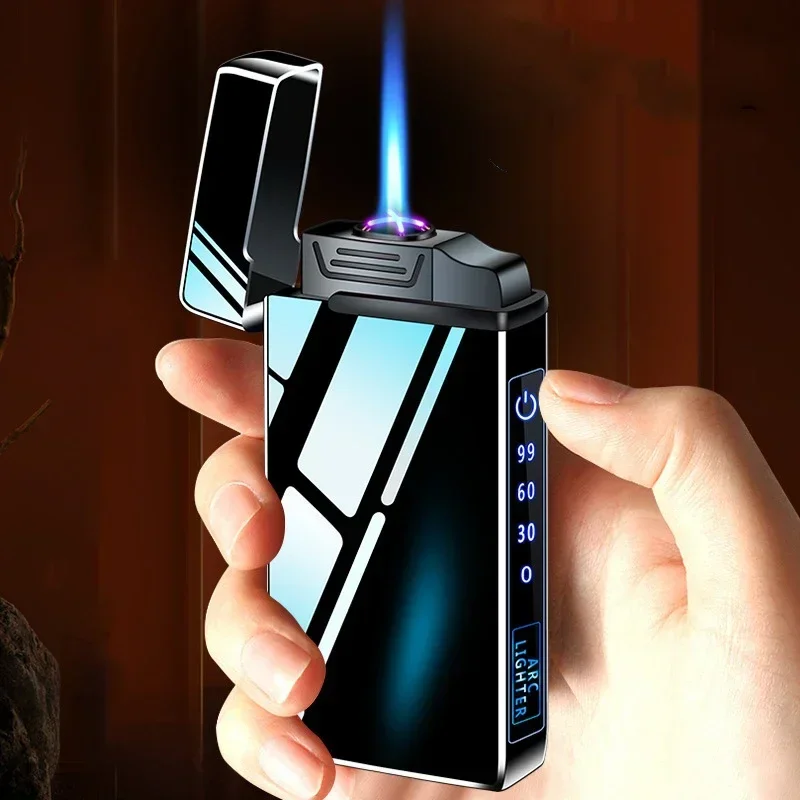 Electric Dual Arc Metal Lighter, Windproof, Rechargeable, Butane Gas, LED Screen Display, Portable, Men Gift, New