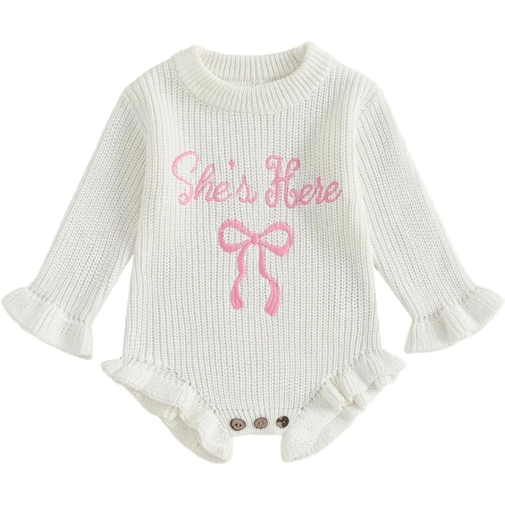 Custom Name Personalized Newborn Baby Girl Knit Sweater Embroidery Romper Long Sleeve Oversized Onesie