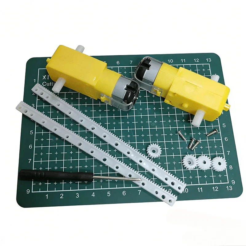 1 Set Assembly including 2 TT Reduction Motors 125mm Plastic Rack + Special Gears for TT Motors Matching Cutting Mat and Screws