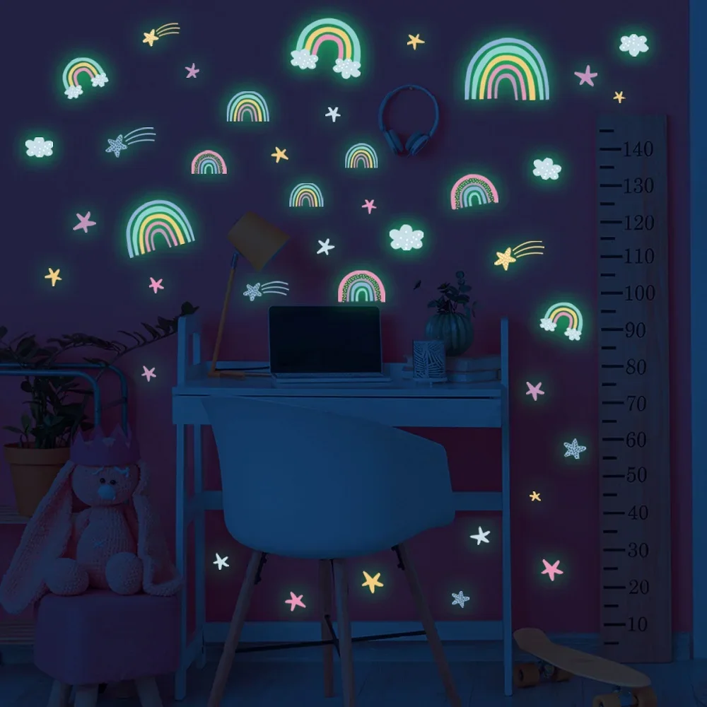 Cartoon Rainbow Cloud Luminous Wall Stickers For Kids Rooms Bedroom Home Decortion Wall Decals Glow In The Dark Stars Stickers