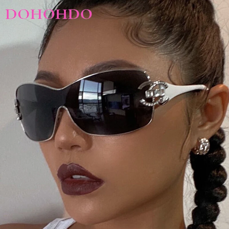 Fashion Cyberpunk Brand Designer Rhinestone Decorate One - Piece Women Sunglasses Luxury Men Sunglass Travel Party Eyewear UV400