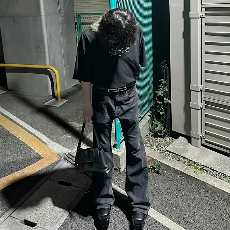 American RO Black Washed Frayed Flared Jean High Street Trend Personality Vintage Slim Fit Flare Denim Pants Cleanfit Distressed