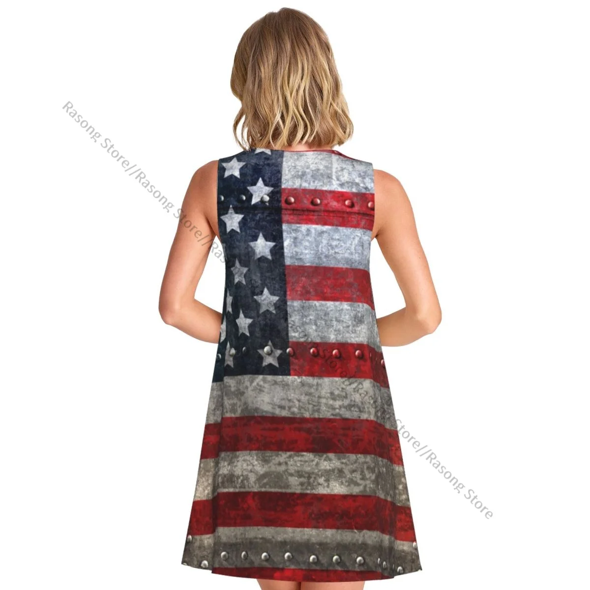 Women's Dress Vintage Usa Flag Summer Casual T Shirt Beach Cover up Tank Dress