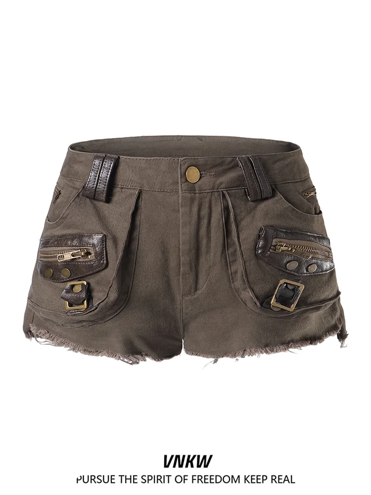 Low Waist Black Denim  Shorts Women's Punk Style Multi Pocket American Retro Hot Pants Casual Straight Leg Jeans