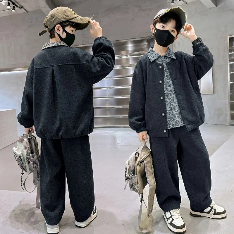 

Children Clothes Boys Spring Autumn 2026 Paisley Print Long Sleeve Polo Shirt Coat and Pants Three Piece Fashion Vintage Style