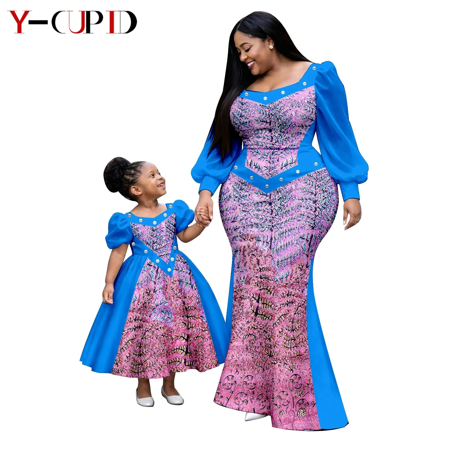 African Print Ruffles Sleeve Tutu Dresses for Women Girls Dashiki Mother Daughter Outfits Vestidos Family Clothes 26F011