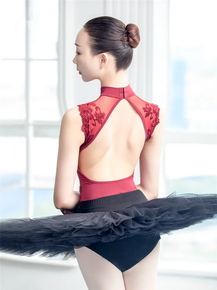 Ropa de práctica Sexy de una pieza para mujer, traje de baile de gimnasia de encaje, leotardo de Ballet de cuello alto para adultos